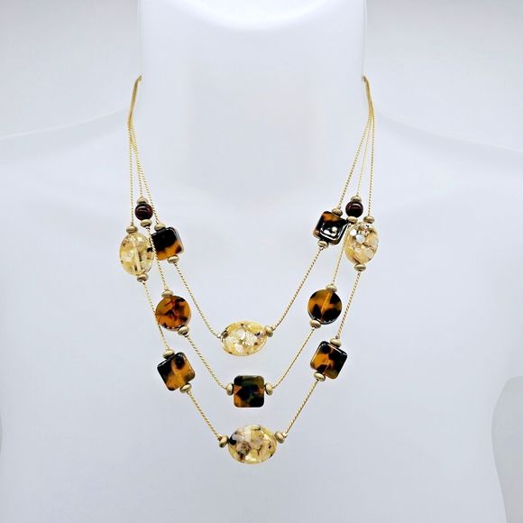 Abalone Chip Station Necklace Faux Tortoise MOP Multi Layer Statement Jewelry - Picture 4 of 10